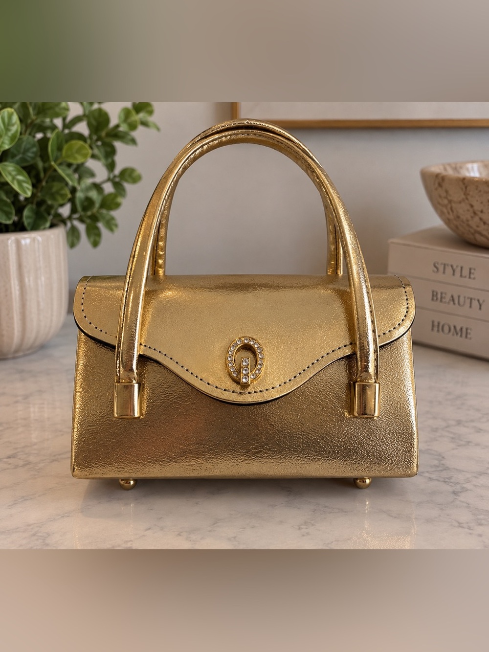 Vintage Gold Metallic Mini Top Handle Handbag Rhinestone Accent
